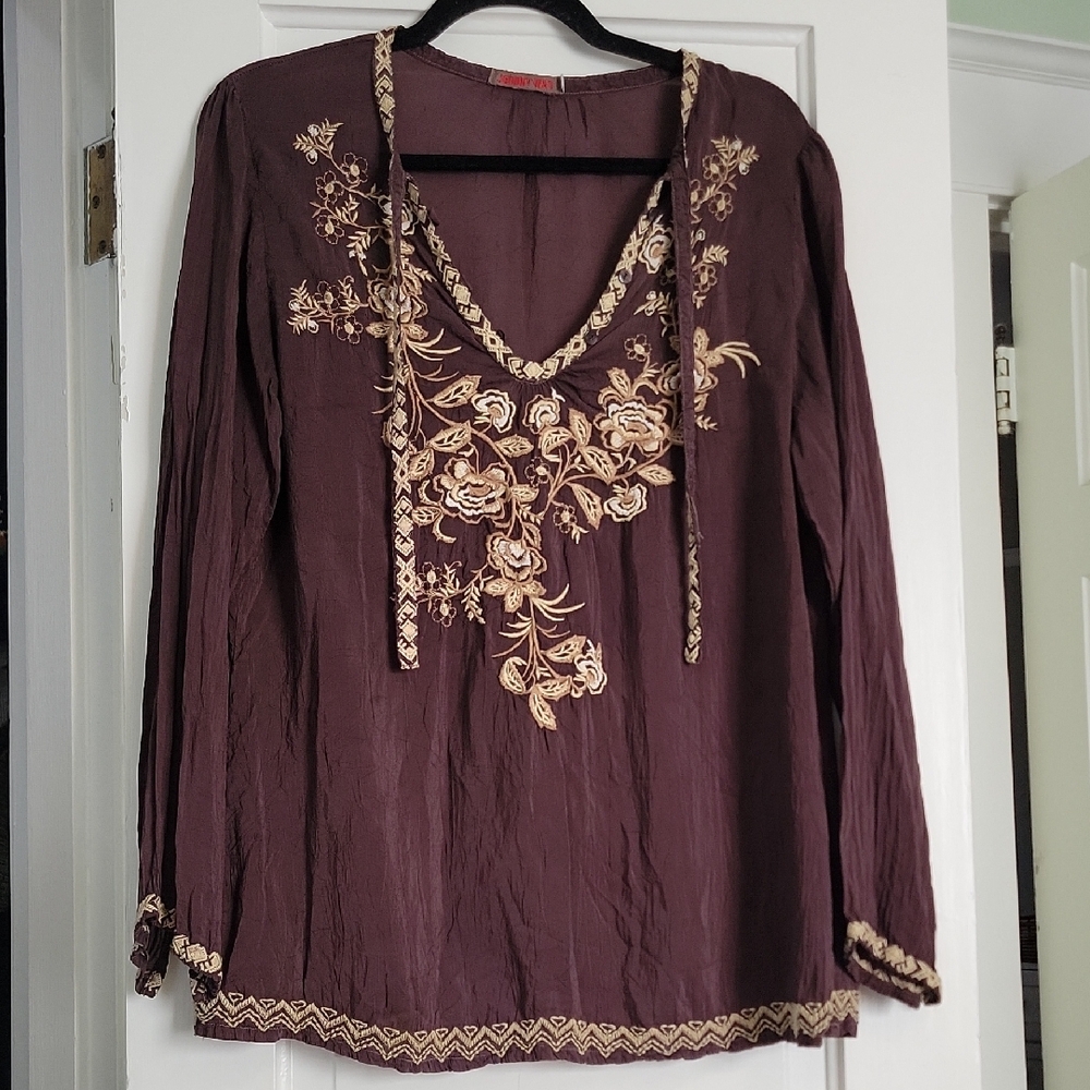 Johnny Was Embroidered Brown Long Sleeve Blouse Tunic  - L